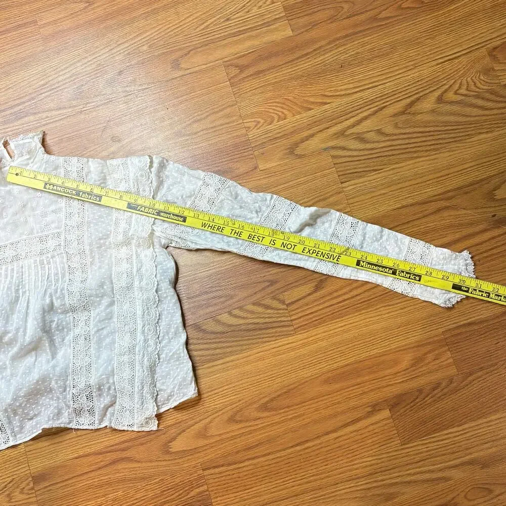 Antique Victorian Blouse White Lace Edwardian Puff Sleeve Cropped S Swiss Dot